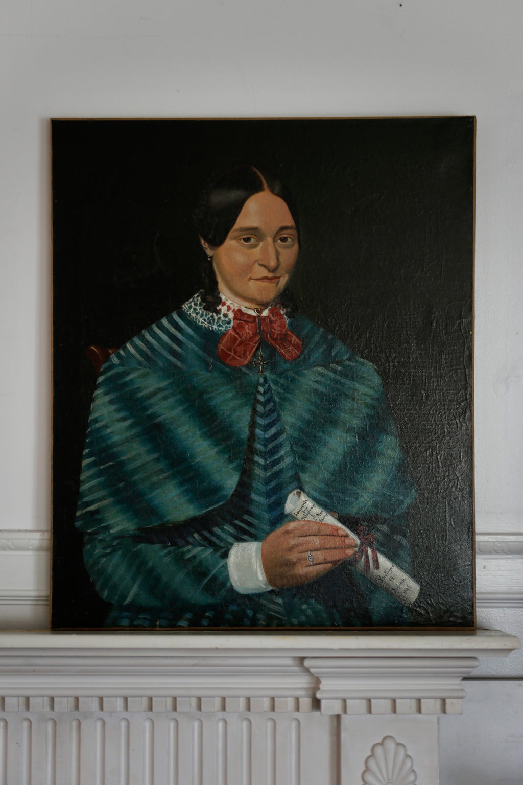 19th Century Oil Portrait of a Lady with Braids in Green