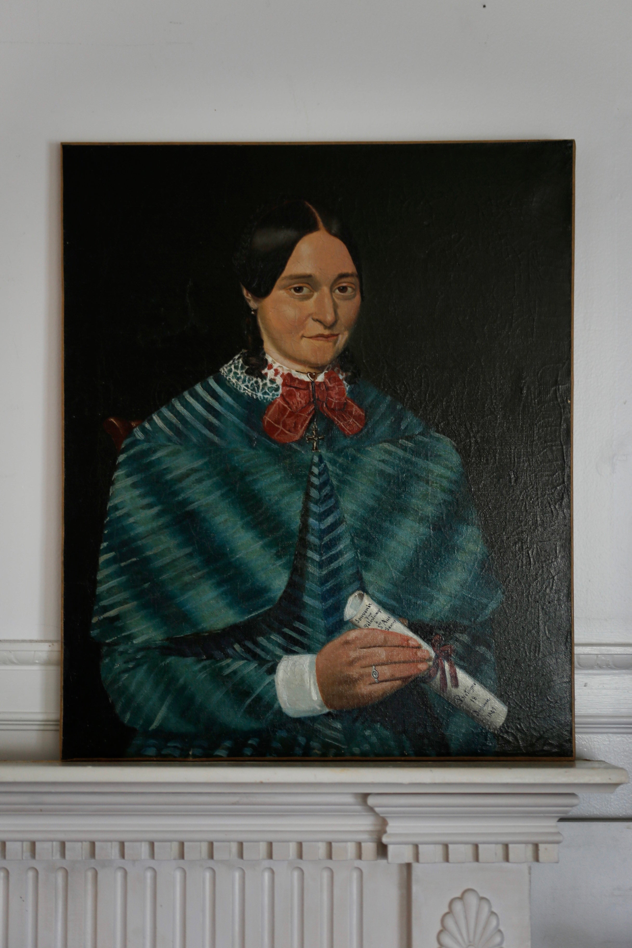 19th Century Oil Portrait of a Lady with Braids in Green