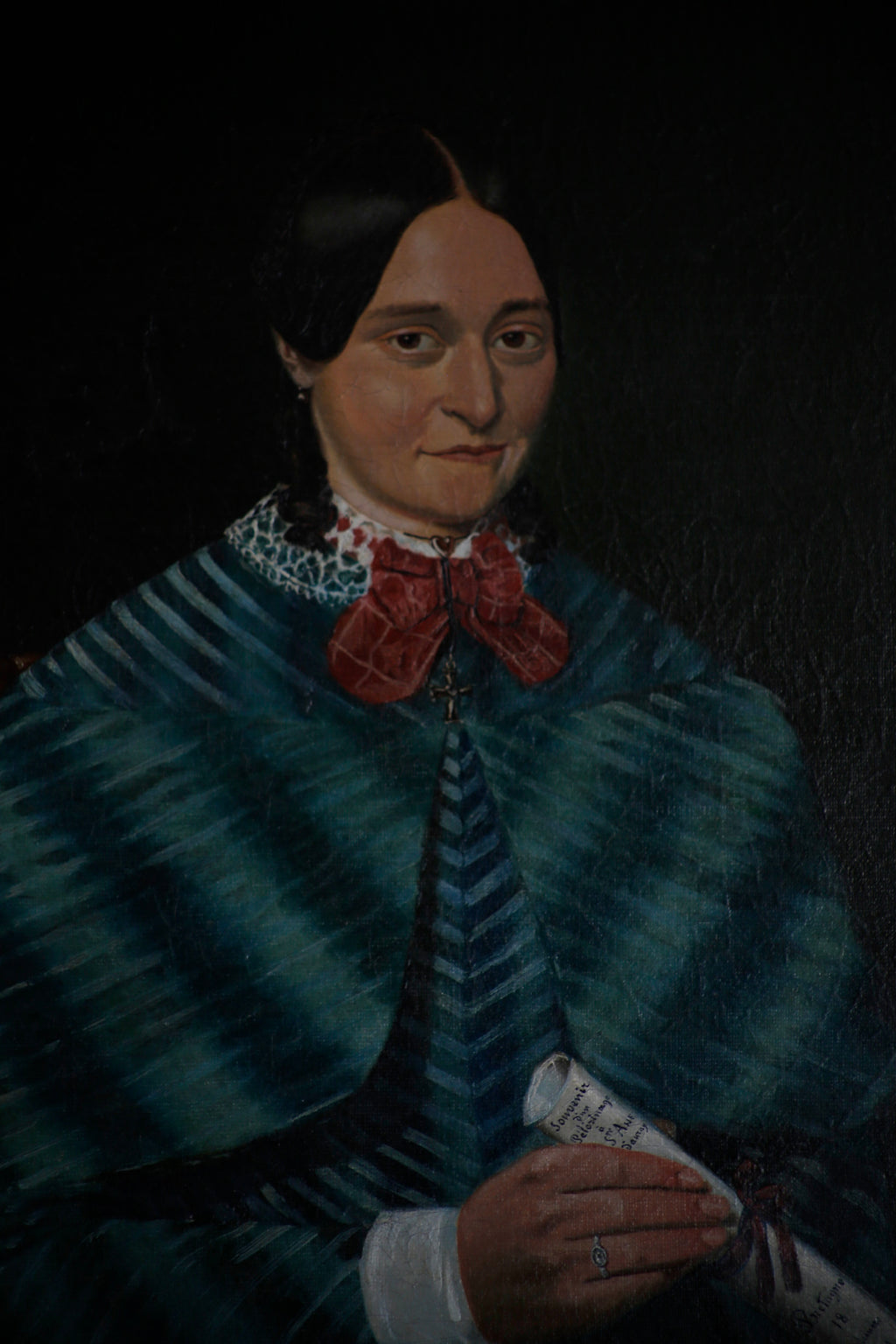 19th Century Oil Portrait of a Lady with Braids in Green