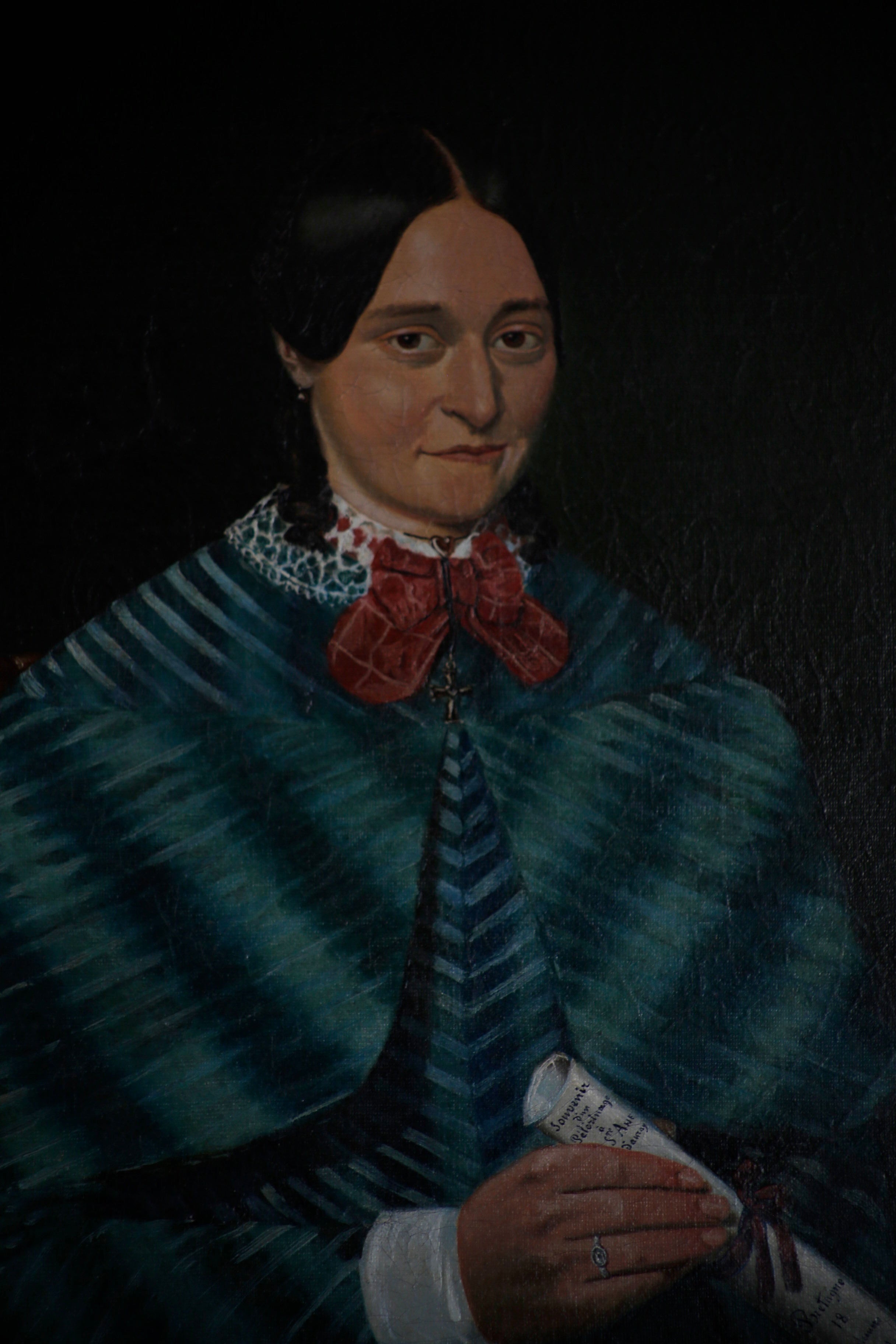 19th Century Oil Portrait of a Lady with Braids in Green
