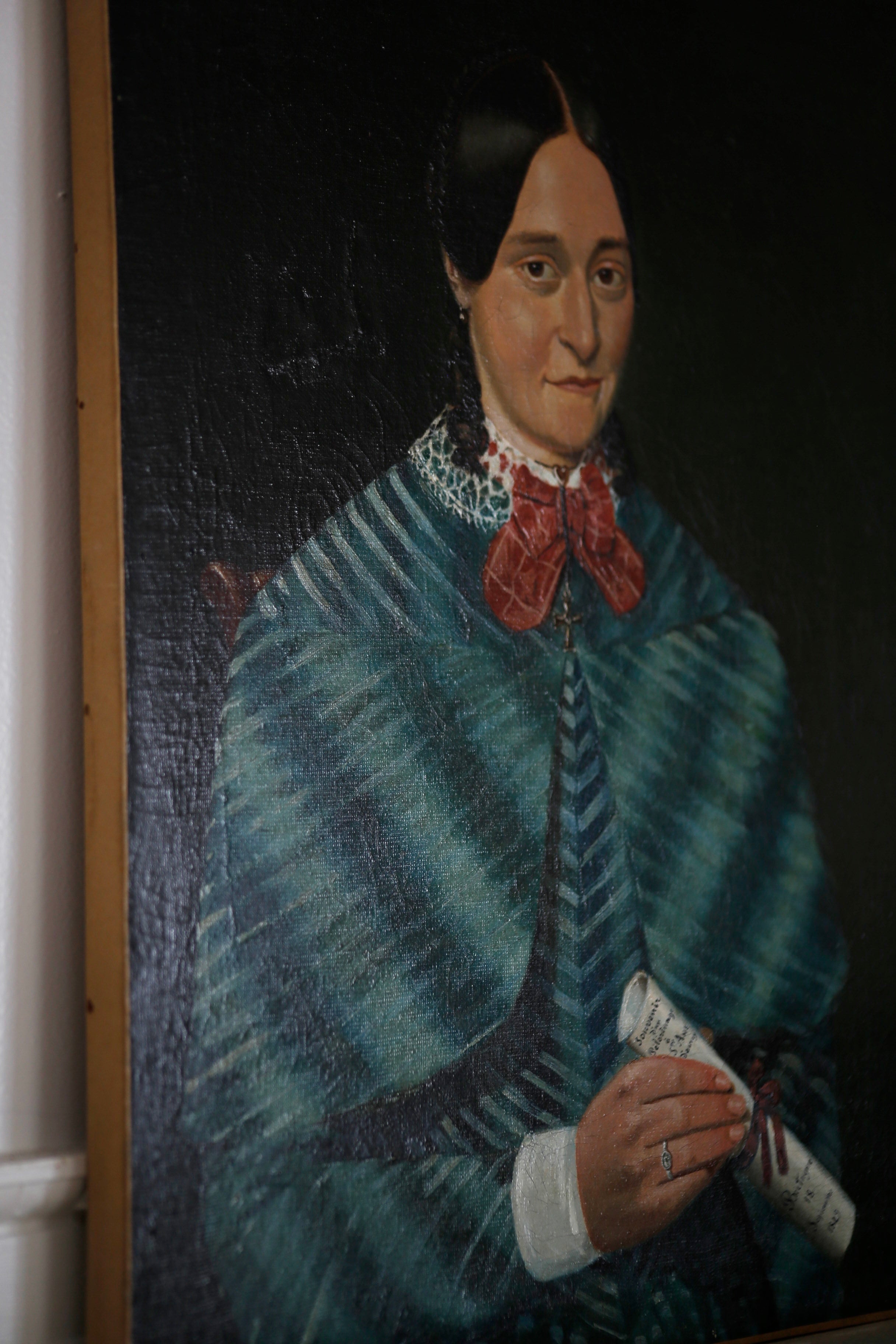 19th Century Oil Portrait of a Lady with Braids in Green