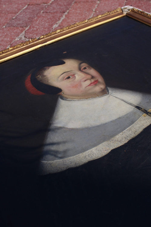 17th Century Framed Dutch Oil Portrait of a Lady with Pink Rose